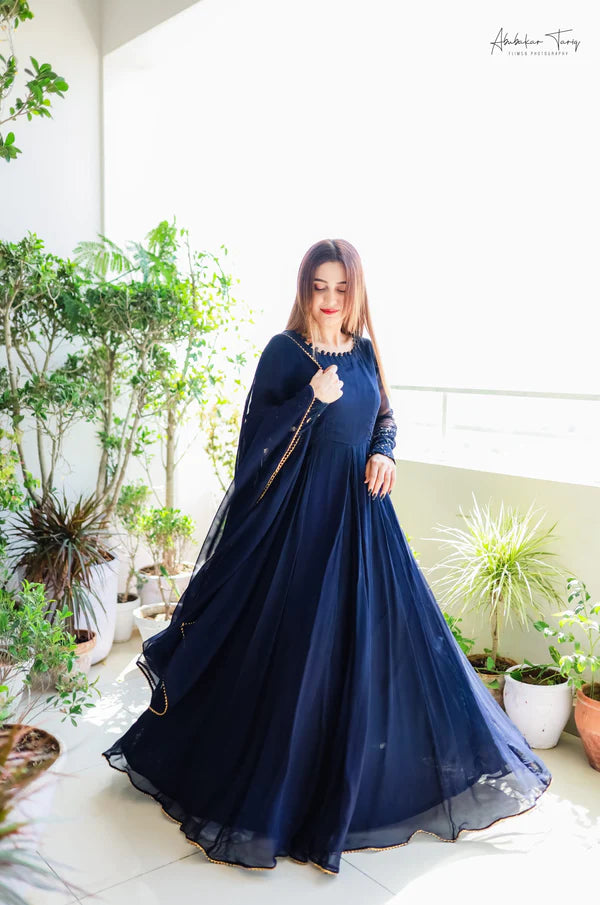 ANARKALI SUIT SET WITH DUPATTA SOLID NAVY BLUE COLOR