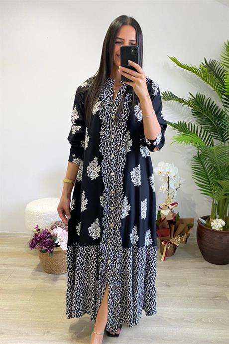 WHITE SCREN PRINTED BLACK LINEN MAXI DRESS COLLECTION FOR WOMEN