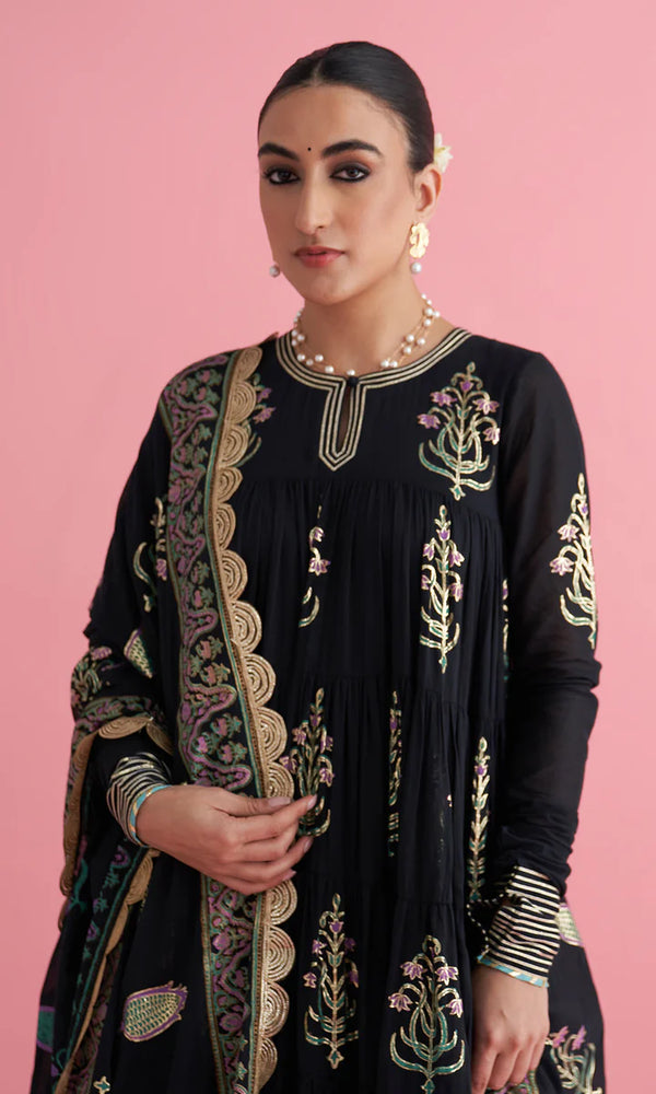 BLACK PRINTED APALA ANARKALI WITH CHOORIDAR AND DUPATTA