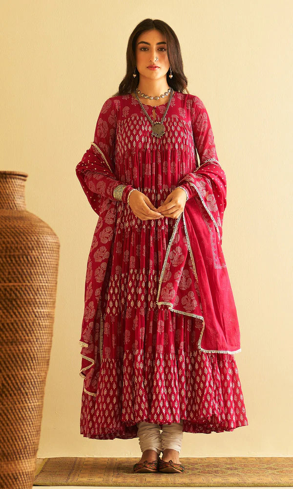 Block Printed Pink Anarkali With Chooridar And Dupatta