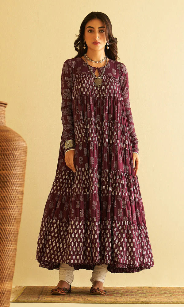 Block Printed Wine Tiered Anarkali With Chooridar And Dupatta (3 Piece)