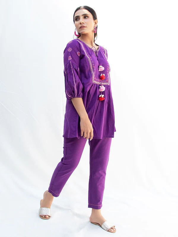 COTTON EMBROIDERY CO-ORD SET-PURPLE COLOUR