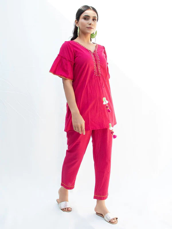 COTTON EMBROIDERY RED CO-ORD SET