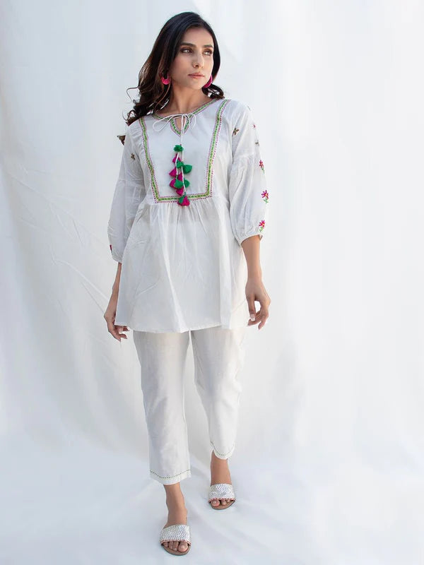 COTTON WHITE COLOR EMBROIDERY CO-ORD SET