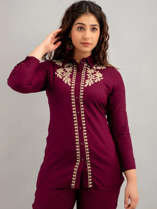 EMBROIDERED MAROON SOLID TOP FOR WOMEN