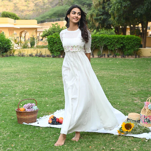 EMBROIDERY GEORGETTE  WHITE LONG DRESS