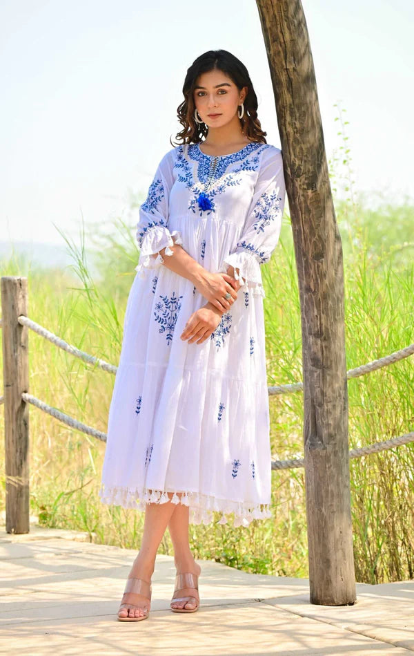 EMBROIDERY WHITE COTTON MIDI DRESS