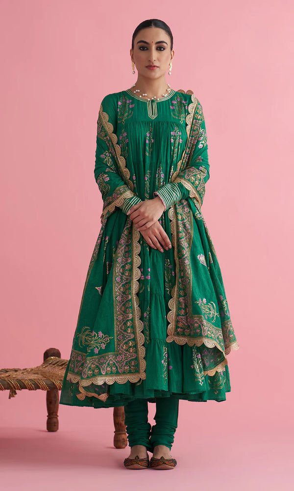 GREEN PRINTED APALA ANARKALI WITH CHOORIDAR AND DUPATTA