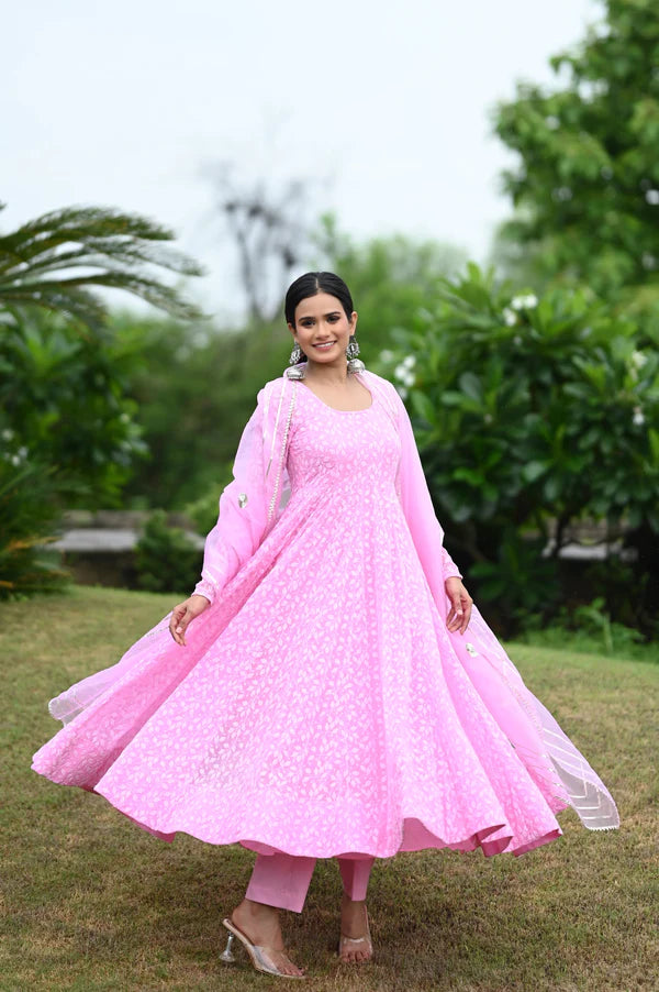 Georgette Embossed Printed Pink Dress