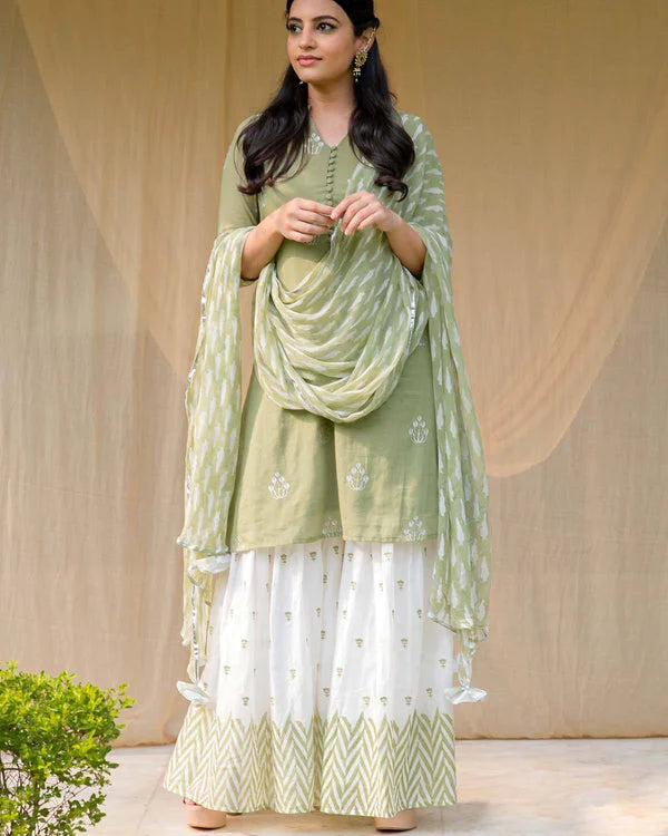 Grape Green Cotton Kapraaha Sharara Dress