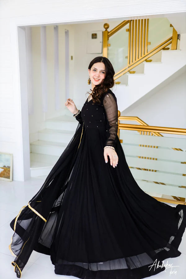 LONG FLAIR SOLID BLACK DRESS FOR WOMEN