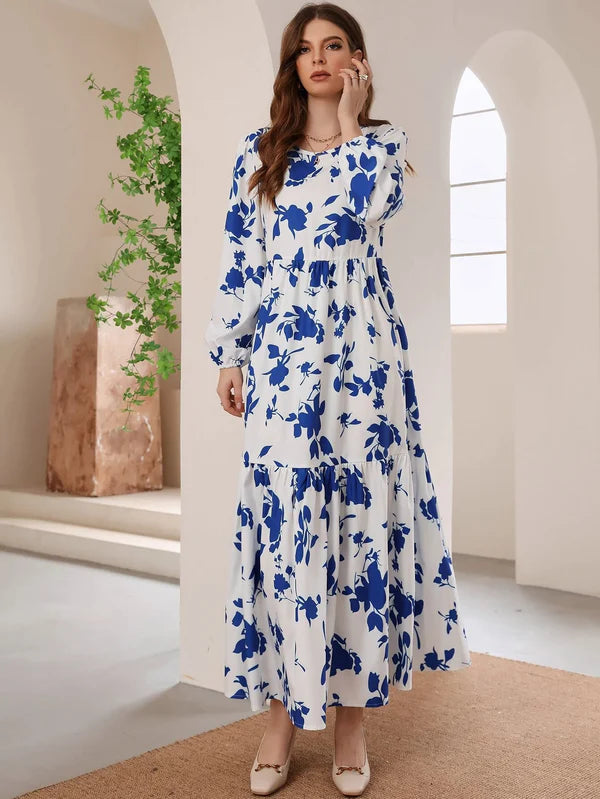 Linen Blue Printed  Women Dress Set