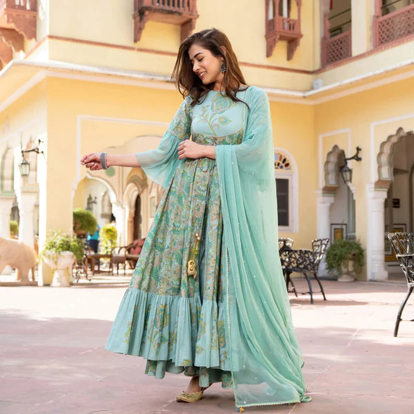 MINT COTTON PRINTED DRESS WITH CHIFFON DUPATTA FOR WOMEN