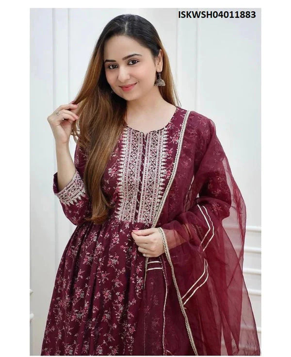 Maroon Printed Kurti With Sharara And Soft net Dupatta for Women