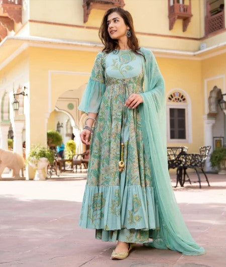 PRINTED MINT COTTON WITH CHIFFON DUPATTA