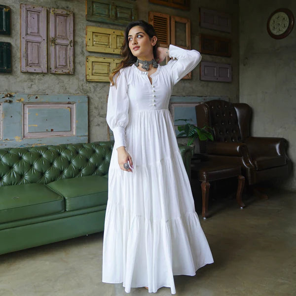 PURE COTTON FRILL NECK WHITE LONG DRESS