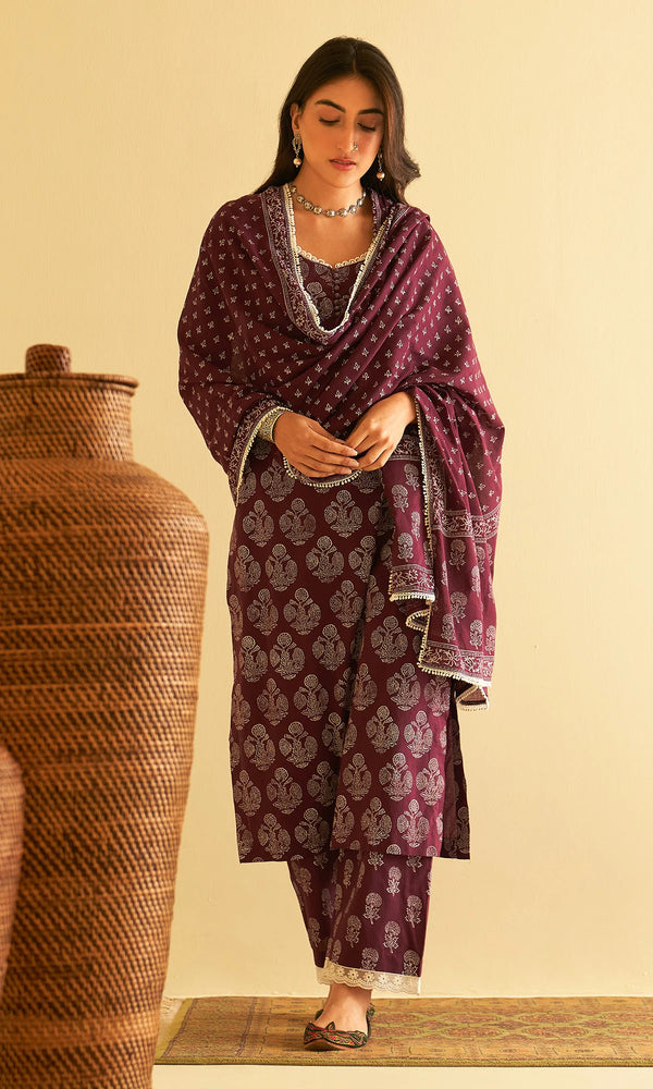 Wine Colour Screen Printed Mughal Buti Straight Kurta With Palazzo And Dupatta.