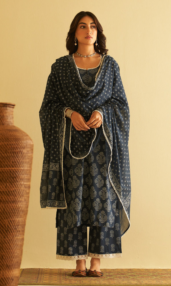 Midnight Blue Mughal Buti Straight Kurta With Palazzo And Dupatta.