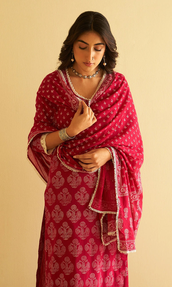 Pink Mughal Buti Straight Block Printed Kurta With Palazzo And Dupatta.