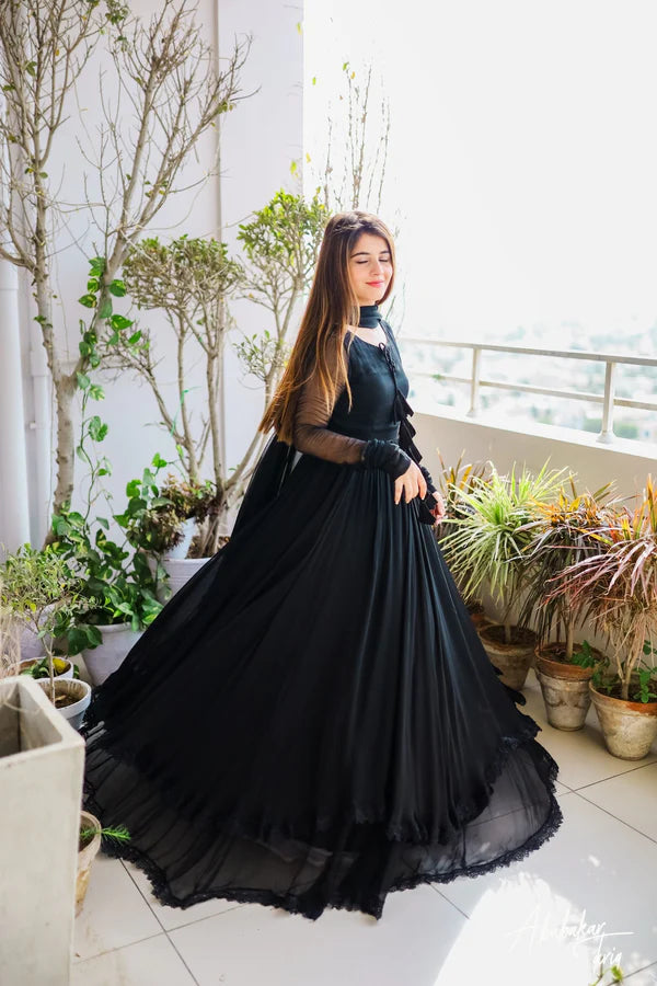 SOLID DOUBLE LAYER ANARKALI WITH DUPATTA BLACK COLOUR