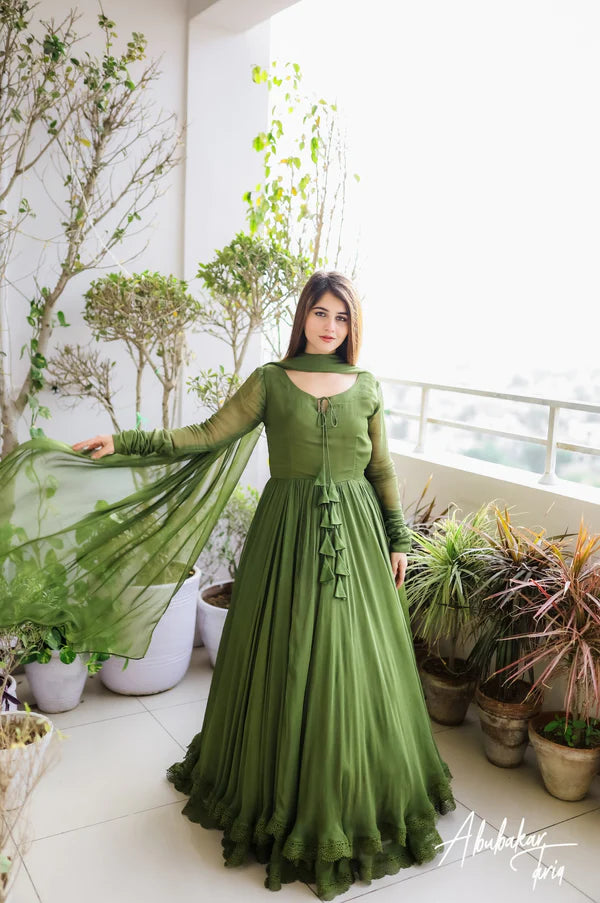 SOLID GREEN DOUBLE LAYER ANARKALI SUIT SET FOR WOMEN