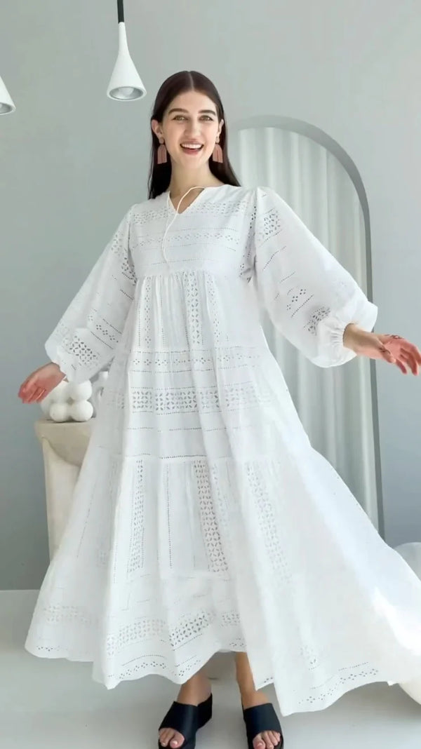 Screen Printed White Tired Anarkali Full Sleeve Cotton One Piece Dress