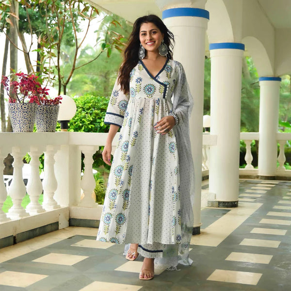 WHITE SUNFLOWER COTTON PRINTED SUIT SET