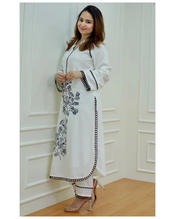 White Color Solid printed Crochet Lace Work Kurta With Pants